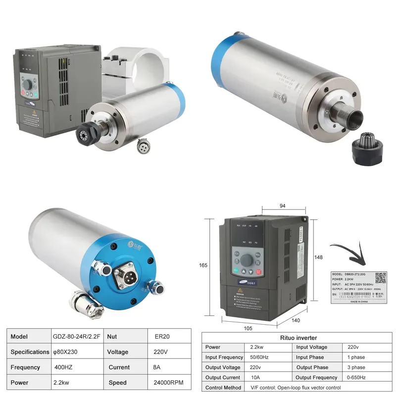 2.2Kw Water Cooled Spindle Kit Vfd - 2026 China*Fabrik* ER20 2,2kW Wassergekühlter CNC-Frässpindel-Kit
